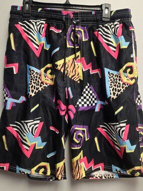 Vintage 90s Abstract Swim Trunks XL Neon Geometric Memphis Style Retro Shorts